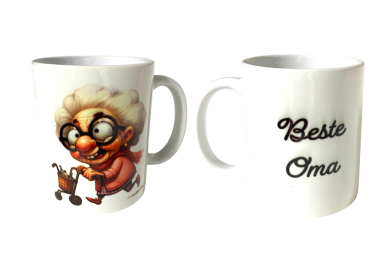 Tasse mit einer lustigen Oma und der Aufschrift „Beste Oma“.