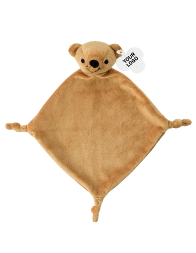 Braunes Plüschspielzeug in Form eines Teddybären, mit vier Ecken und Gesicht.