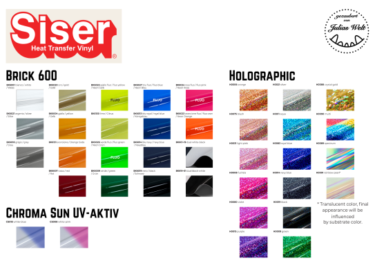 Farbauswahl für Siser-Folien: Brick 400 und holographische Farben.