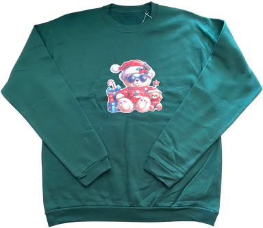 Grüner Pullover mit einem bedruckten Weihnachts-Bären in einem Santa-Outfit.