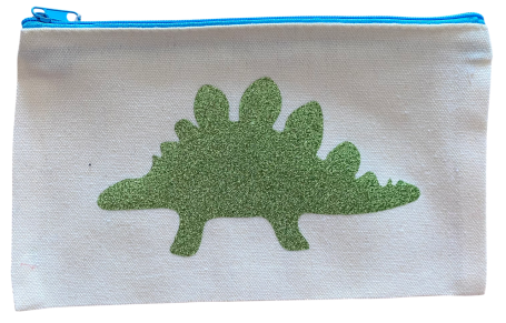 Beige Tasche mit grüner Stegosaurus-Silhouette und blauer Reißverschlusskante.