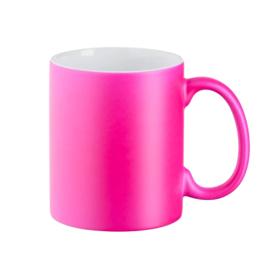Rosa Tasse mit mattem Finish und einem grauen inneren Rand.