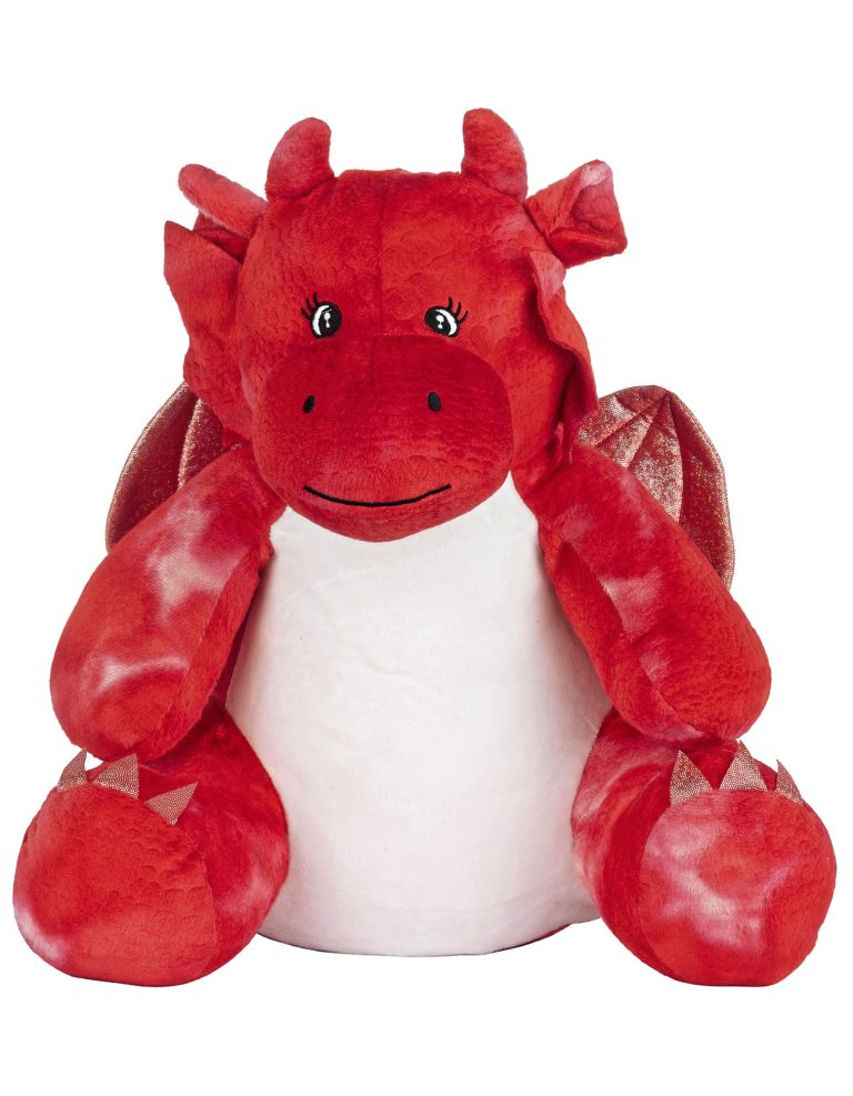 Drache Roter Plüschdrache mit großen Augen und kleinen Flügeln, sitzend.