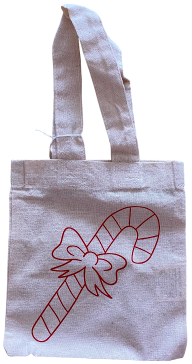 Beige Stofftasche mit rotem Motiv einer Zuckerstange und Schleife.