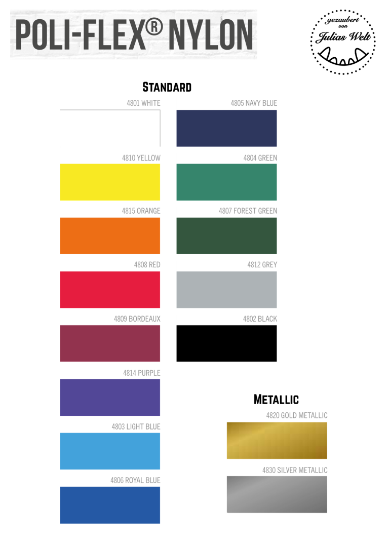 POLI-FLEX Nylon Farbtabelle für Poli-Flex Nylon mit verschiedenen Farbmustern.