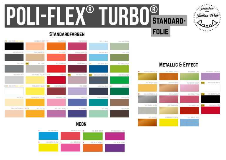Poli-Flex Turbo Farbauswahl für POLI-FLEX TURBO mit Farbmustern in verschiedenen Farbtönen.