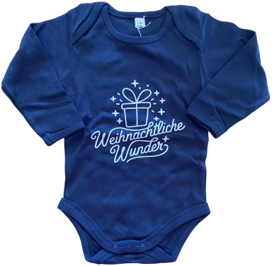 Blaues Langarm-Body mit dem Schriftzug "Weihnachtliche Wunder" und Geschenkmotiv.