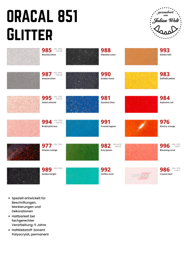 Farbauswahl für Oracal 851 Glitter, inklusive Farbcodes und Musterbeispiele.