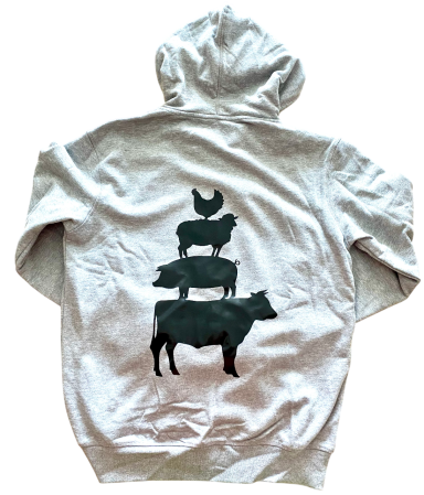 Grauer Hoodie mit stilisierten Tieren: Huhn, Schwein und Kuh übereinander.