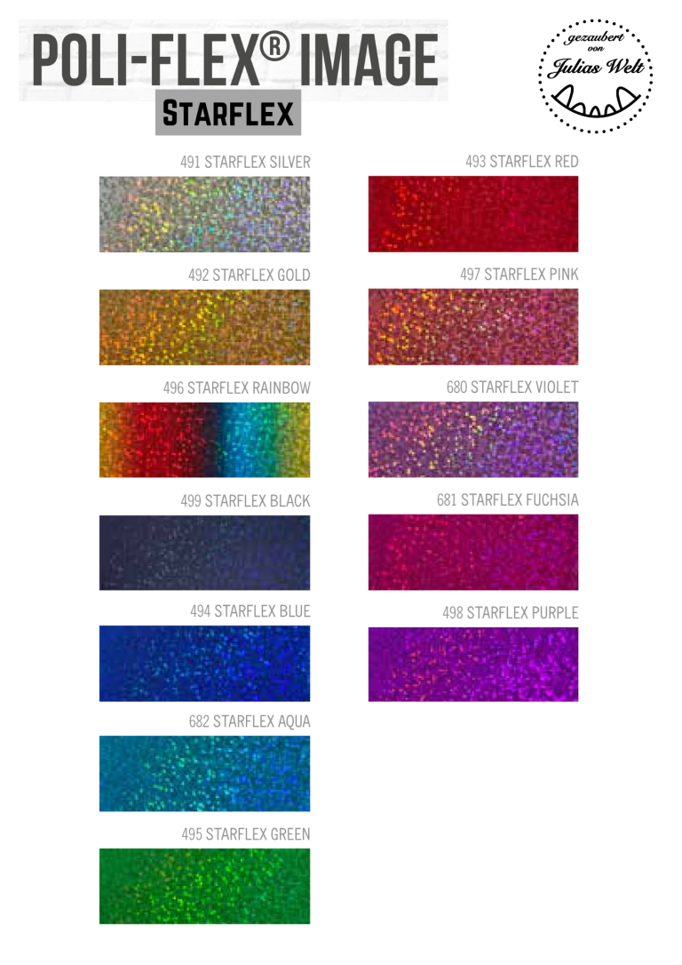 POLI-FLEX Image Starflex Farbmuster von Poli-Flex® Starflex in verschiedenen Glitzer- und Farbvariationen.