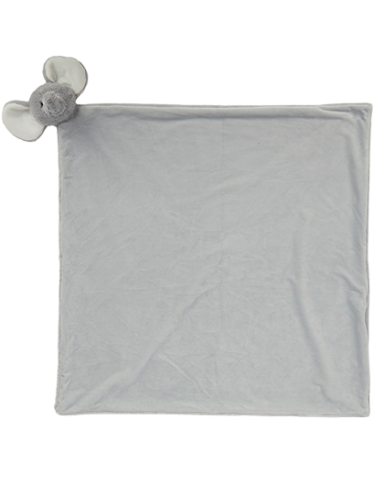 Graues Kuscheltuch mit einem grauen Maulwurfskopf in der Ecke.