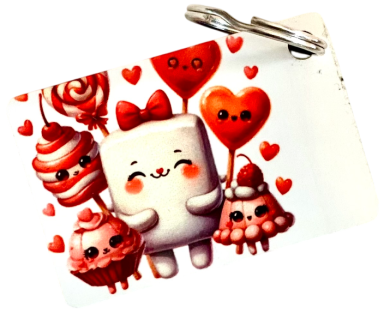 Niedliche Cartoonfiguren mit Süßigkeiten und Herzluftballons in pastellfarbenem Design.