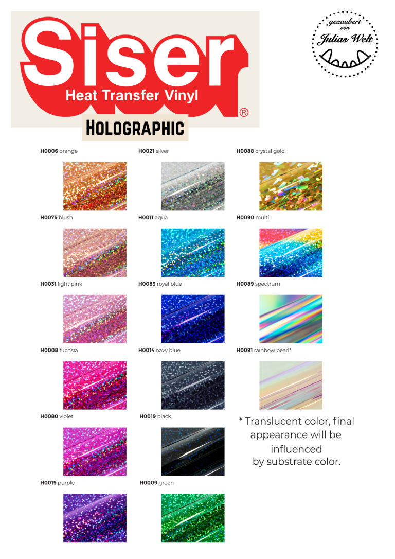 SISER Holographic Farbauswahl für holografisches HTV von Siser in verschiedenen glitzernden Farben.