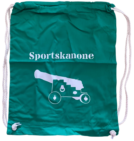 Grüner Sportbeutel mit weißem Aufdruck einer Kanone und dem Text "Sportskanone".