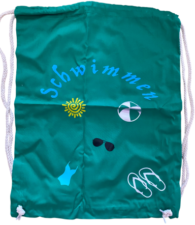 "Schwimmen Badeanzug" Grüne Schwimmtasche mit Sonnenmotiv, Sonnenbrille und Flip-Flops.