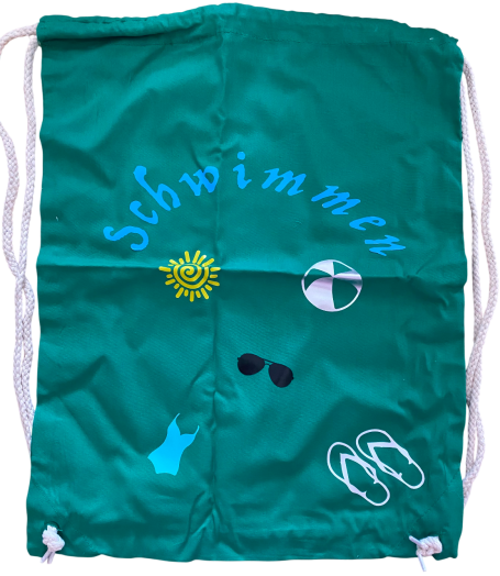 Grüne Schwimmtasche mit Sonnenmotiv, Sonnenbrille und Flip-Flops.