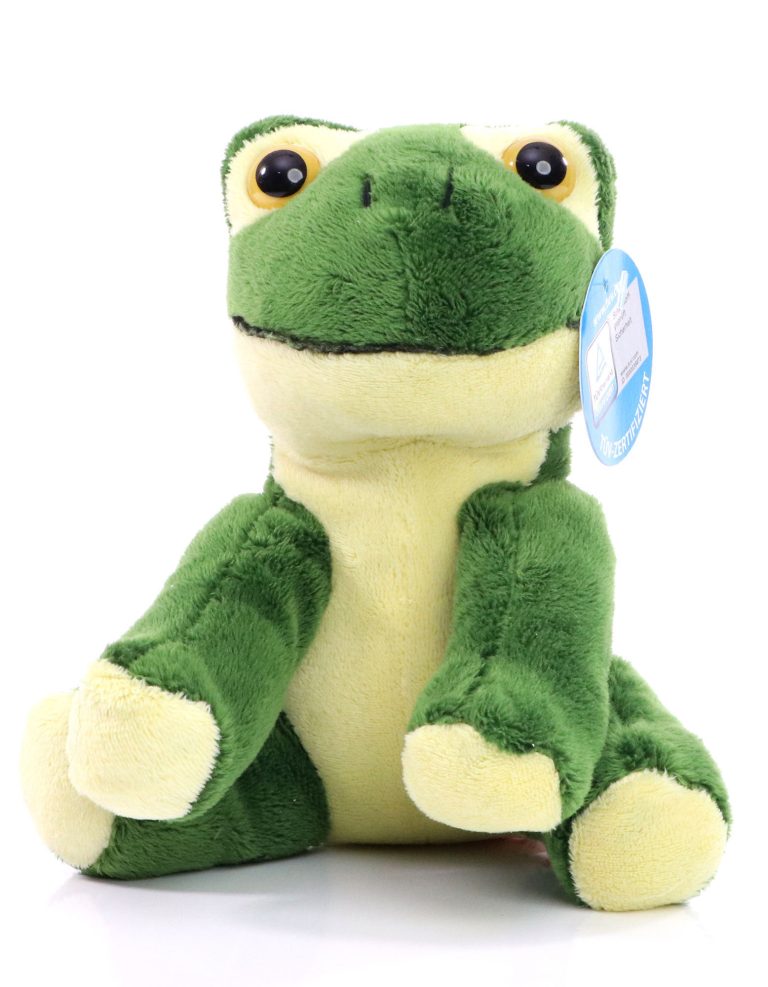 Frosch Arwin Grünes Plüschfrosch mit großen Augen und freundlichem Gesichtsausdruck.
